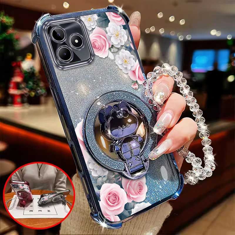 Realme Note 50 - 3-teiliges Set (Romantische Rosen-Handyhülle+Schlaufe+Ständer) für Realme